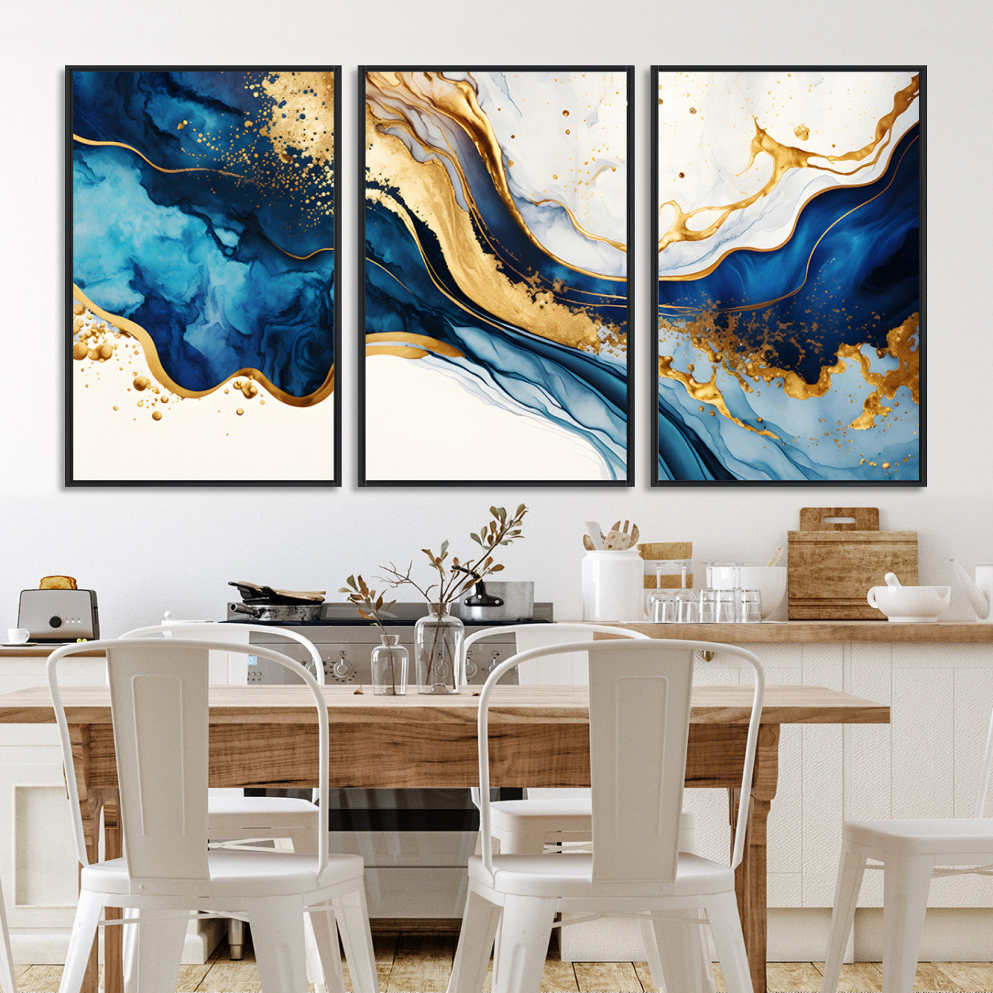 Canvas artwork with fluid blue and gold marbling, perfect for modern luxe or elegant abstract home decor styles.