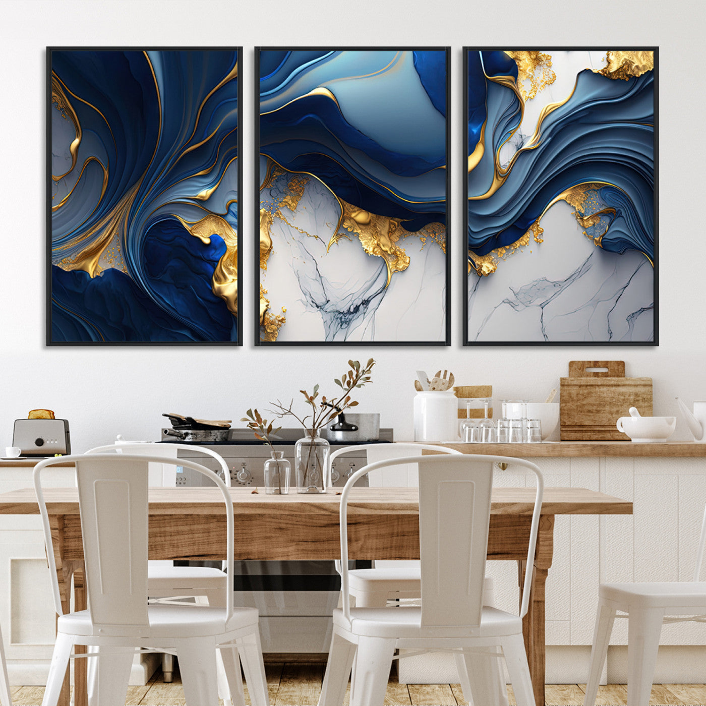 Canvas art with swirling blue marble and gold textures, ideal for elegant glam or modern luxury interior design settings.