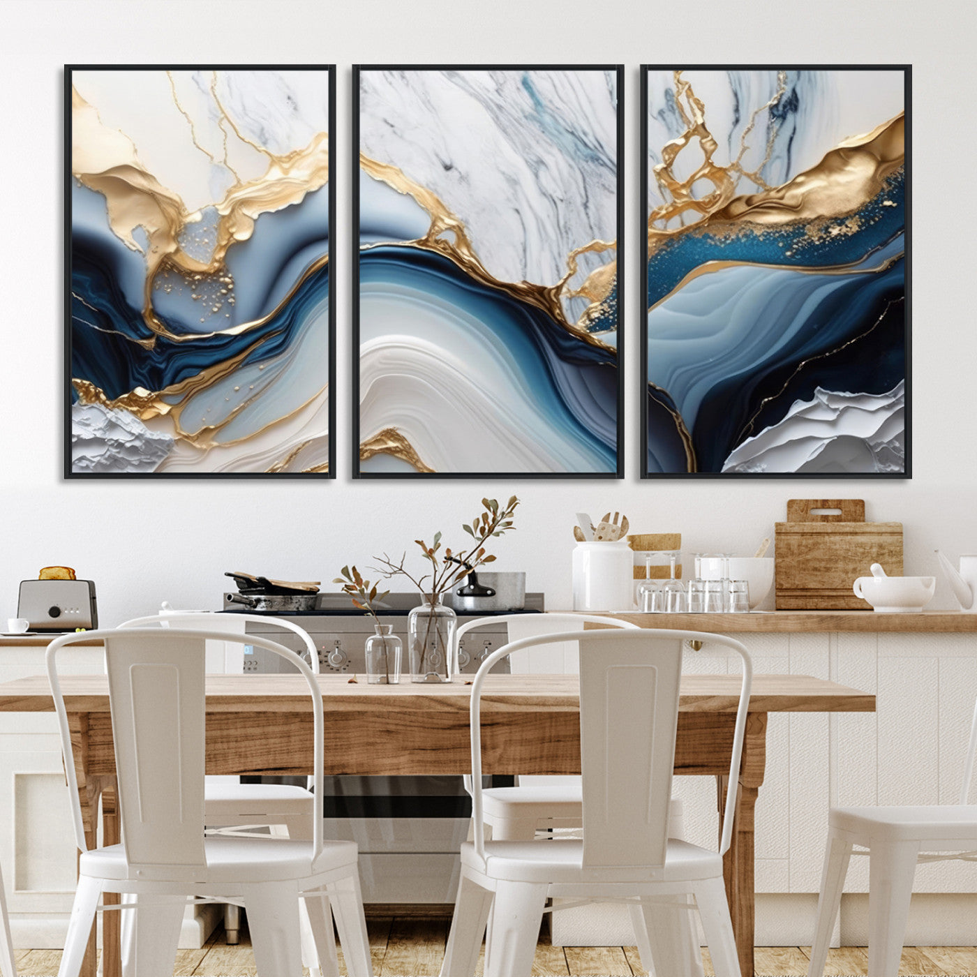 Abstract canvas with blue marble textures and flowing gold veins, ideal for modern luxury or coastal-inspired interior decor.