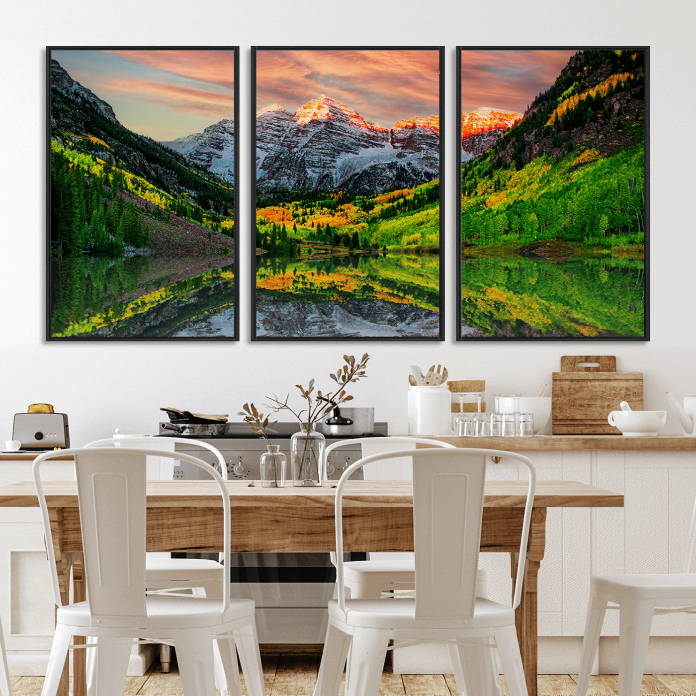 MGV-FC-60X30-3P - Maroon Bells Lake Wall Art Canvas Print – Majestic Colorado Mountain Landscape, Autumn Reflection,