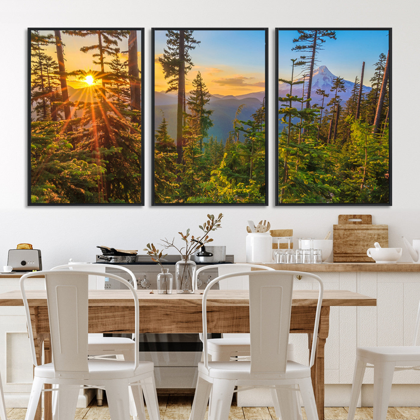 Colorful canvas of Mount Hood and Oregon forest at sunset, featuring sunburst light and lush pine trees for rustic nature decor.