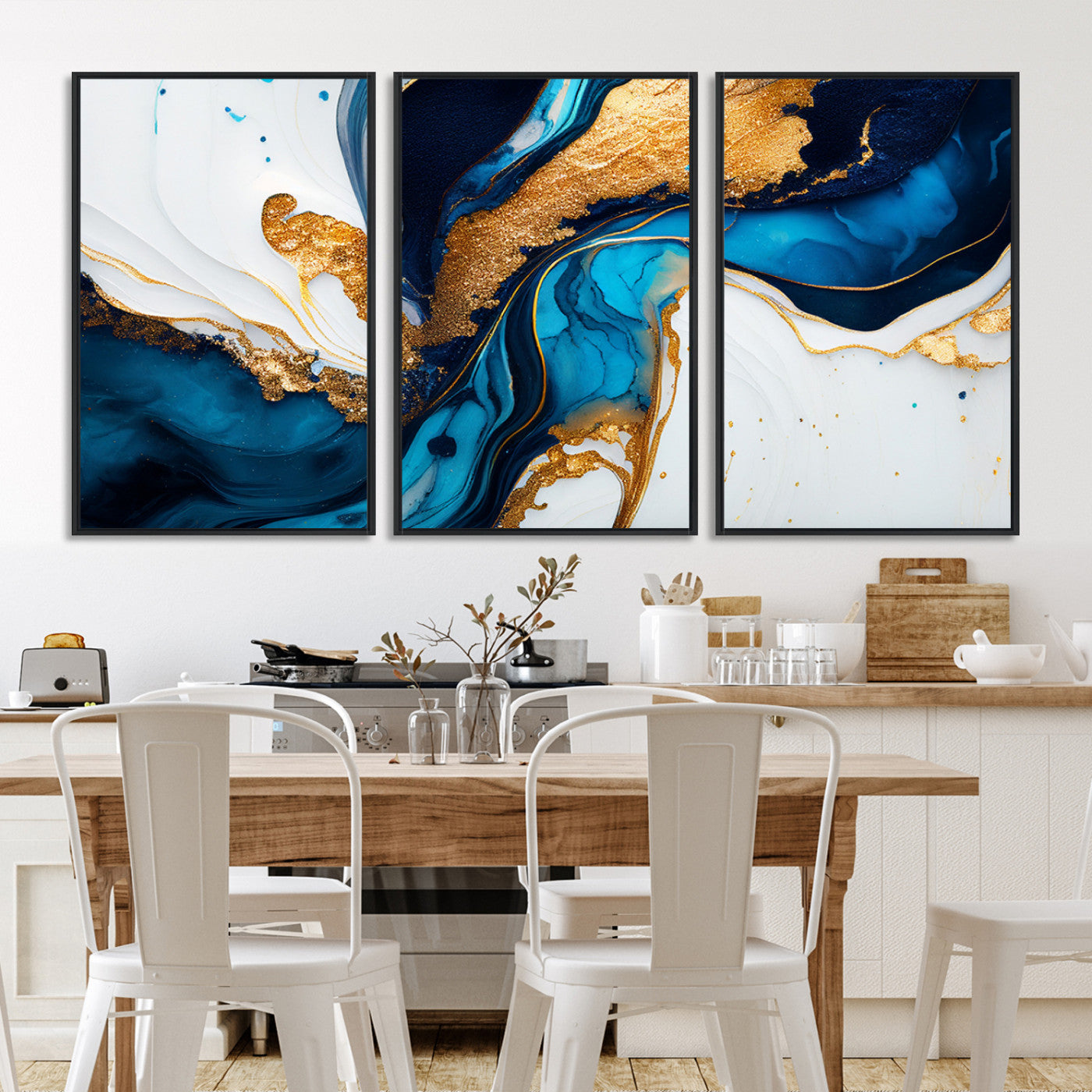 Luxurious abstract canvas in gold, navy, and teal tones with fluid marble patterns, perfect for modern glam or upscale interiors.