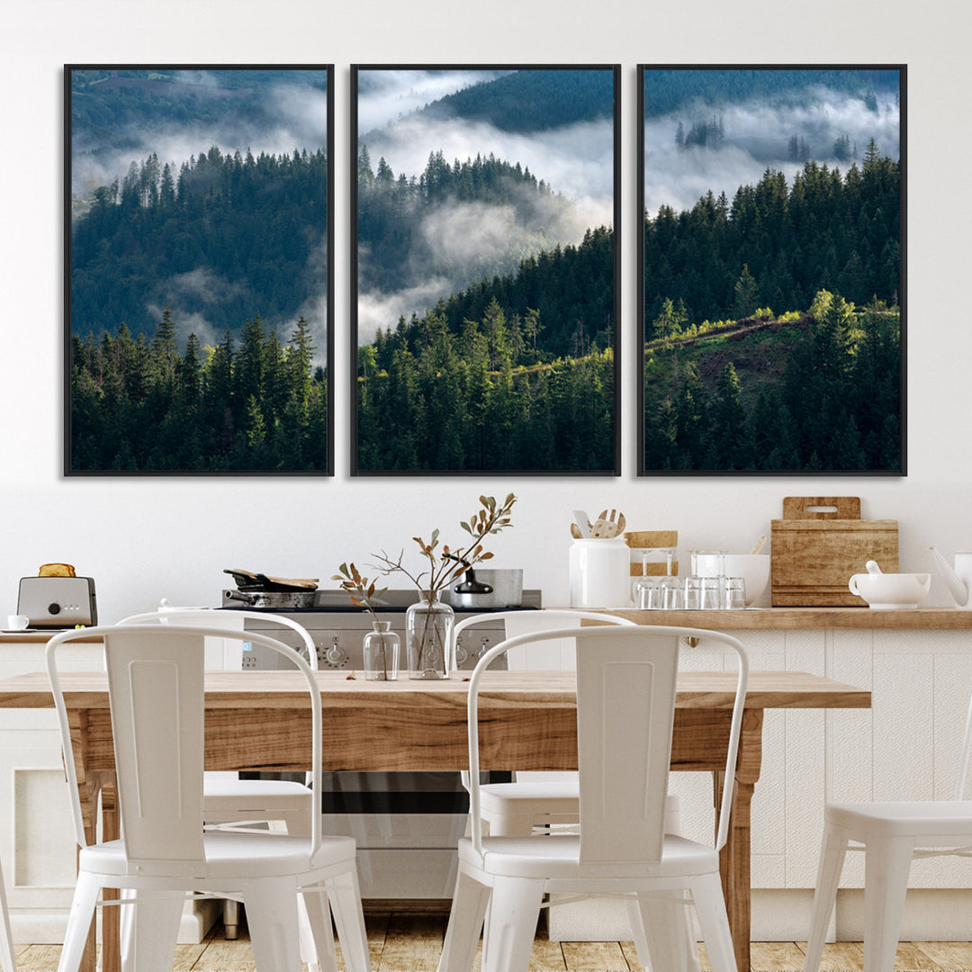 Moody canvas of misty pine forests over layered hills, perfect for cool-toned nature-inspired or woodland-style home decor.