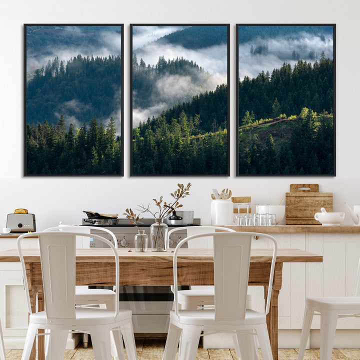 Moody canvas of misty pine forests over layered hills, perfect for cool-toned nature-inspired or woodland-style home decor.