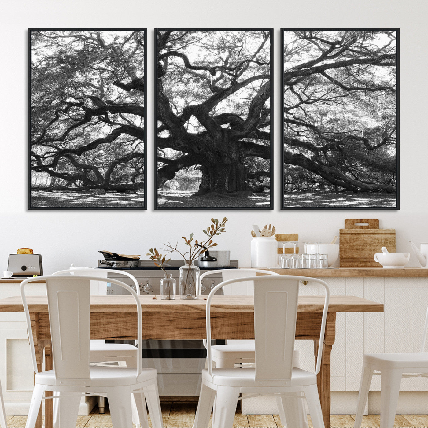Black and white canvas of an ancient oak tree with sprawling, twisted branches, ideal for moody nature-inspired or rustic decor.