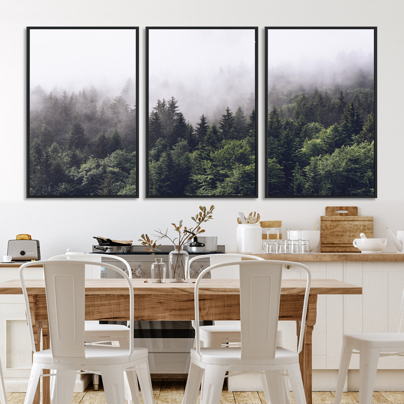 Canvas of dense misty forest in dark green tones, ideal for moody forest or atmospheric woodland-themed home decor.