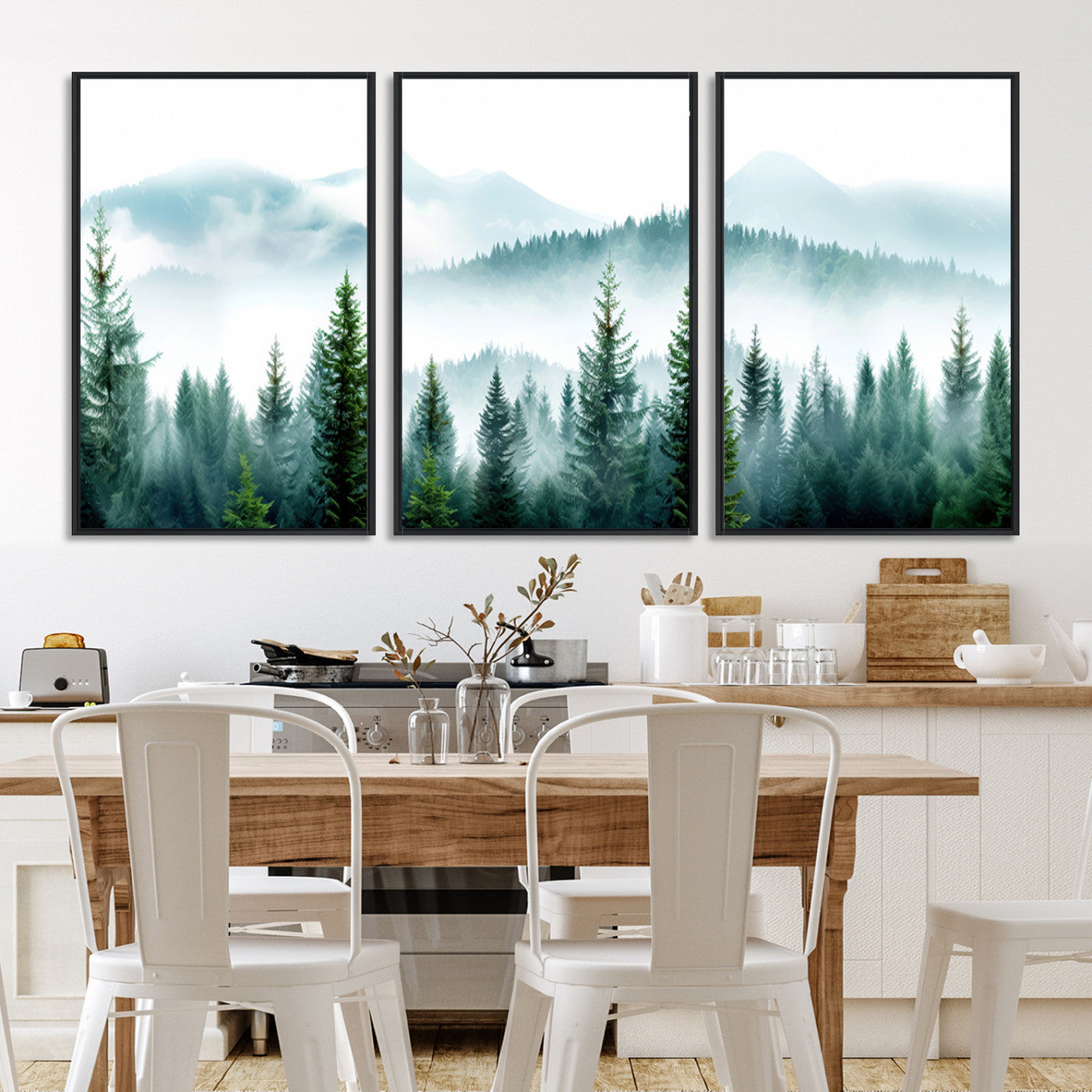 16716676-MGV-FC-60X30-3P-Pine Forest Wall Art Canvas Print, Framed Misty Mountains Art Picture Print, Foggy Trees Perfect Moody Forest Decor Artwork
