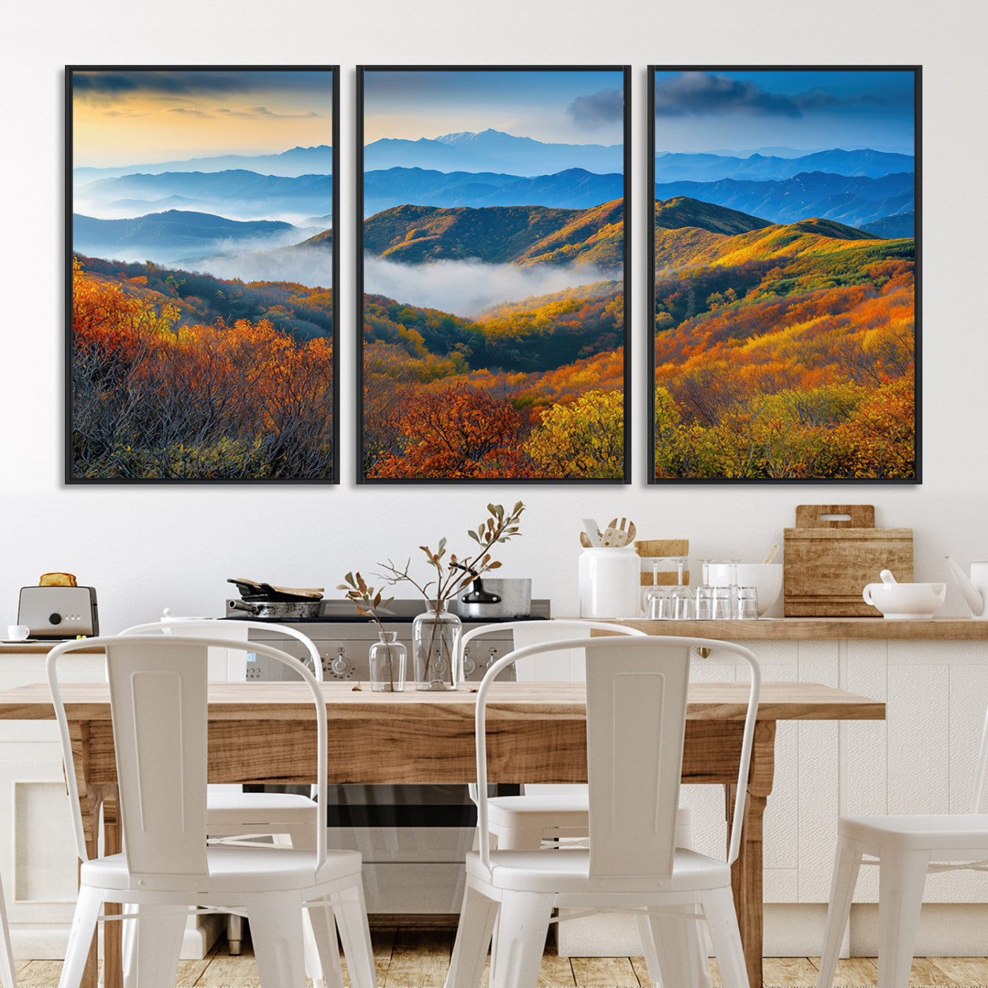 Vibrant canvas of autumn mountains with colorful trees, layered blue ridges, and soft morning fog, ideal for bright nature-themed decor.