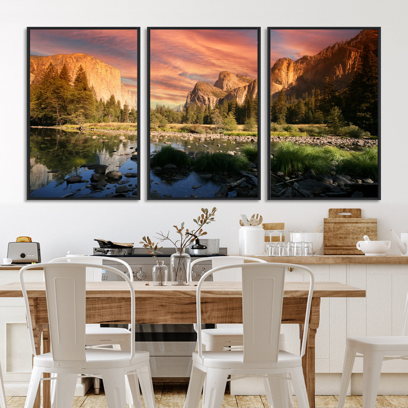 Canvas of Yosemite Valley with El Capitan and sunset sky, featuring vibrant tones ideal for rustic or nature-inspired home decor.