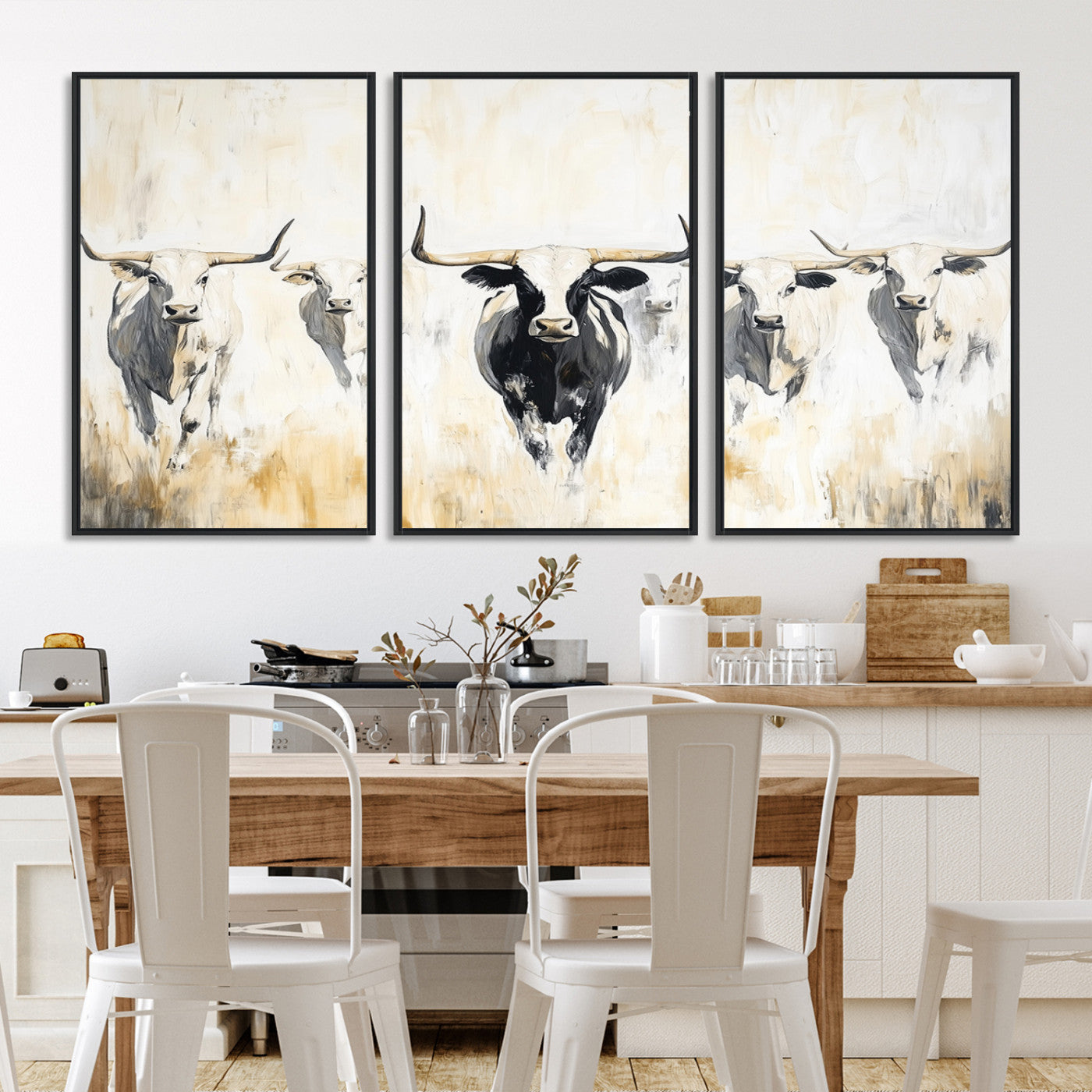 40397799-MGV-FC-60X30-3P-Texas Longhorn Canvas Print, Framed Rustic Herd Art Picture Print, Western Bull Perfect Neutral Western Decor