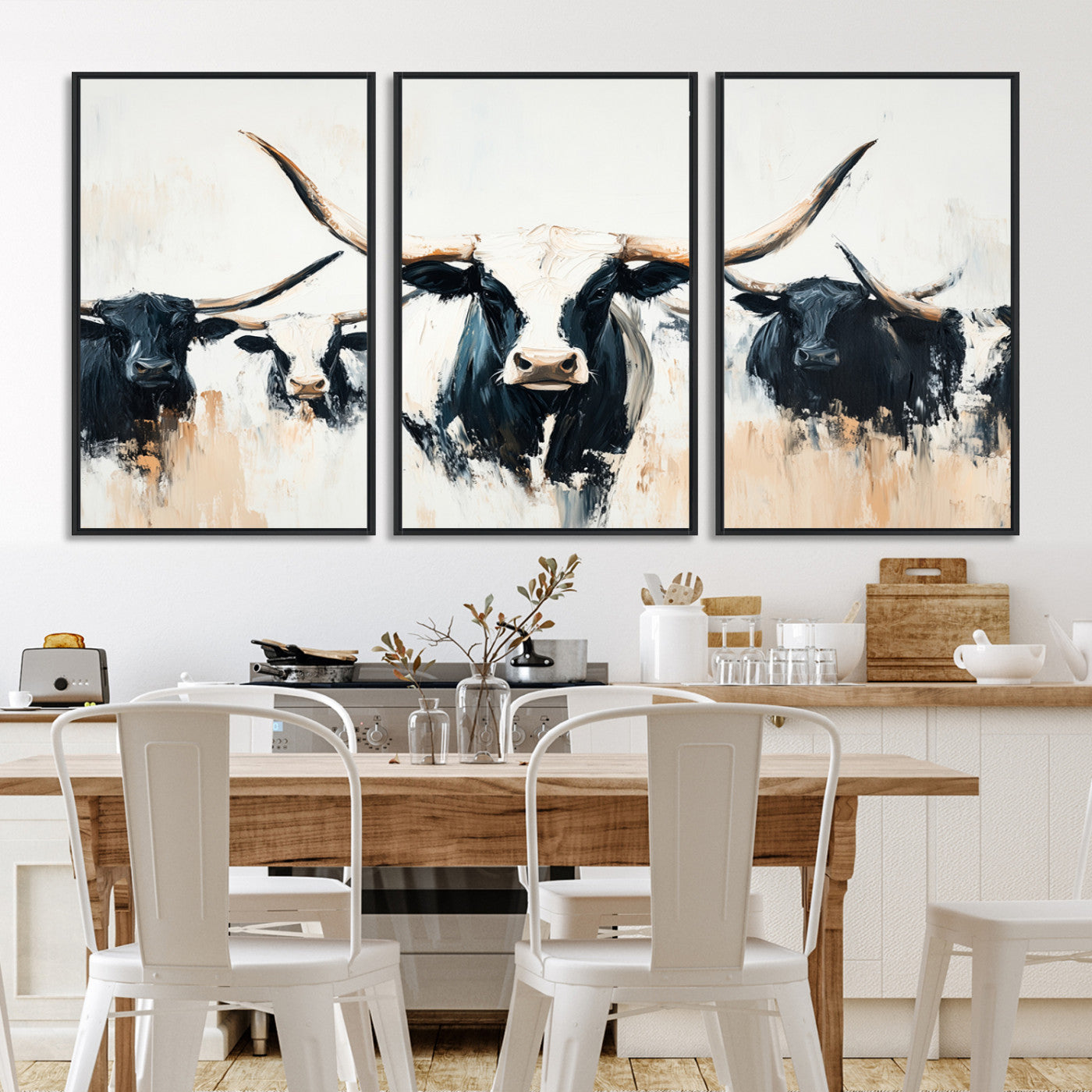 94780606-MGV-FC-60X30-3P-Texas Longhorn Wall Art Canvas Print, Framed Western Cattle Art Picture Print, Horned Bull Perfect Rustic Western Decor, Western Cattle