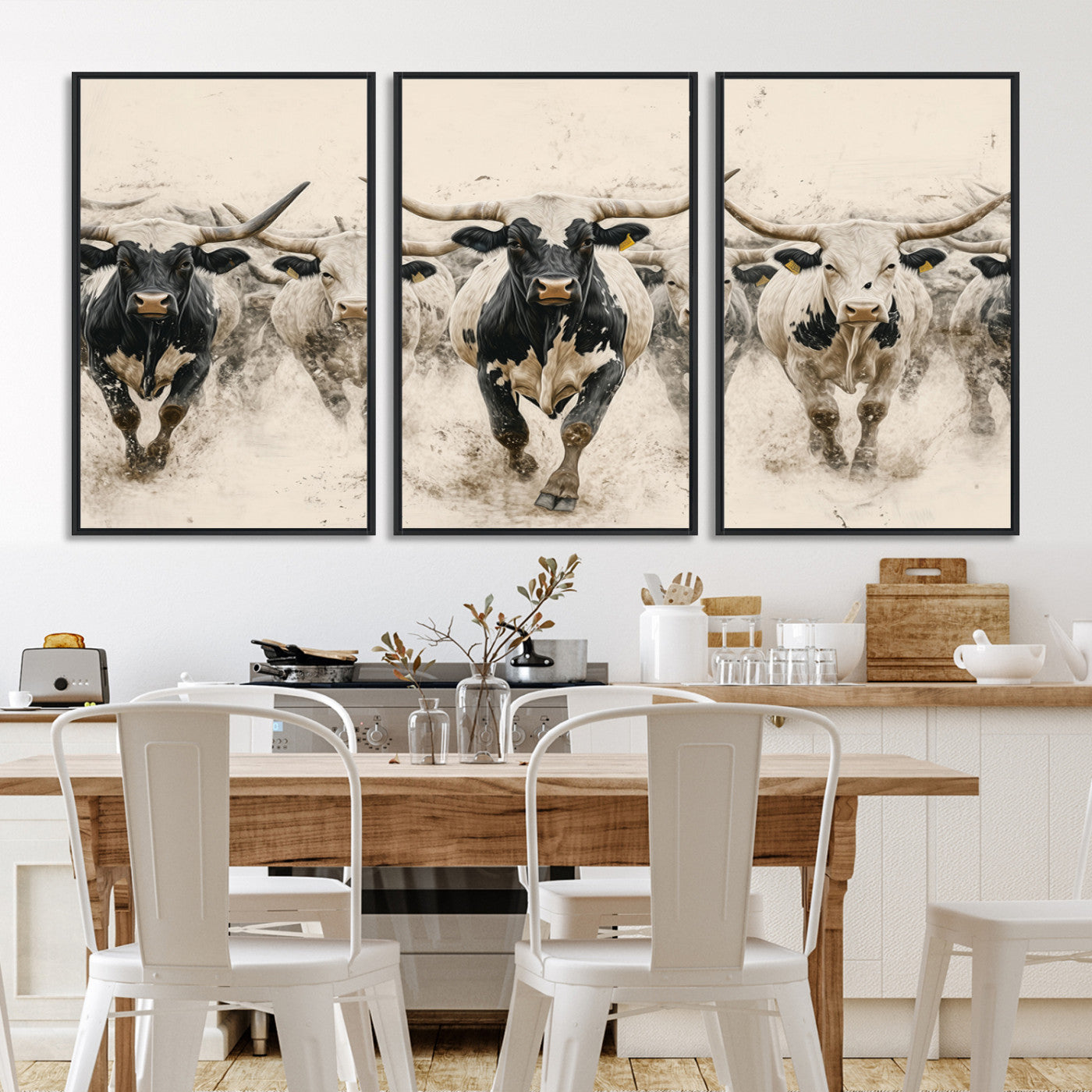 Canvas artwork of Texas Longhorn bulls walking in a dusty herd, ideal for rustic Western or country-style interior decor.