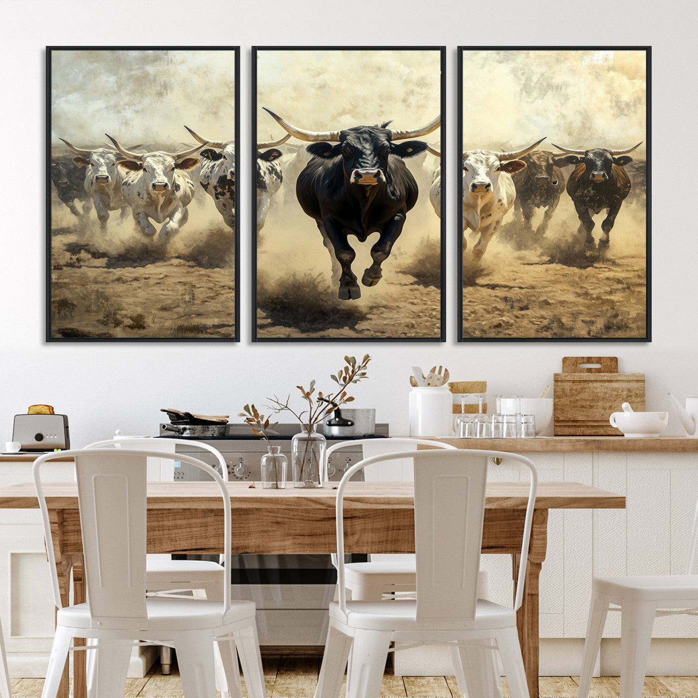Dynamic canvas showing a Texas Longhorn stampede with earthy tones and bold movement, perfect for rustic or Western-style interiors.