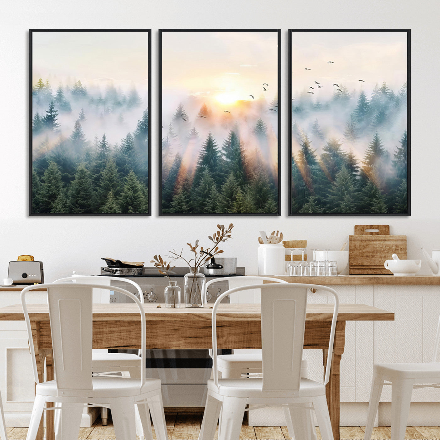 MGV-FC-60X30-3P - Misty Pine Forest Wall Art Canvas, Sunrise Over Foggy Trees Canvas for Home - Office, Framed