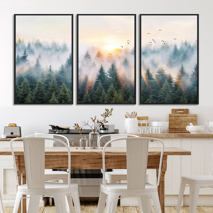 Misty Pine Forest Wall Art: A depiction of sunrise over foggy trees and birds against a bright sky; a framed woodland scene ideal for home or office decor.