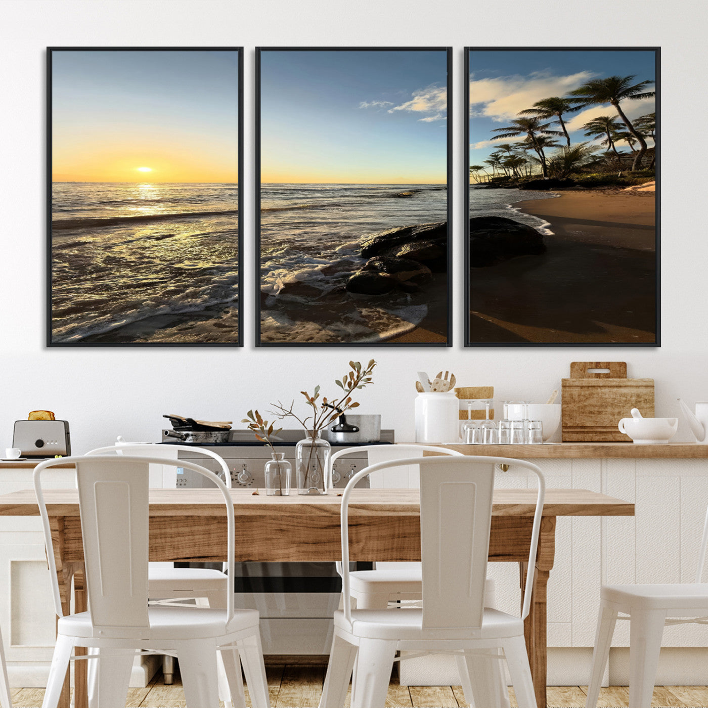 Canvas of a golden sunset on a tropical beach with palm trees and calm waves, perfect for coastal or island-themed home decor.