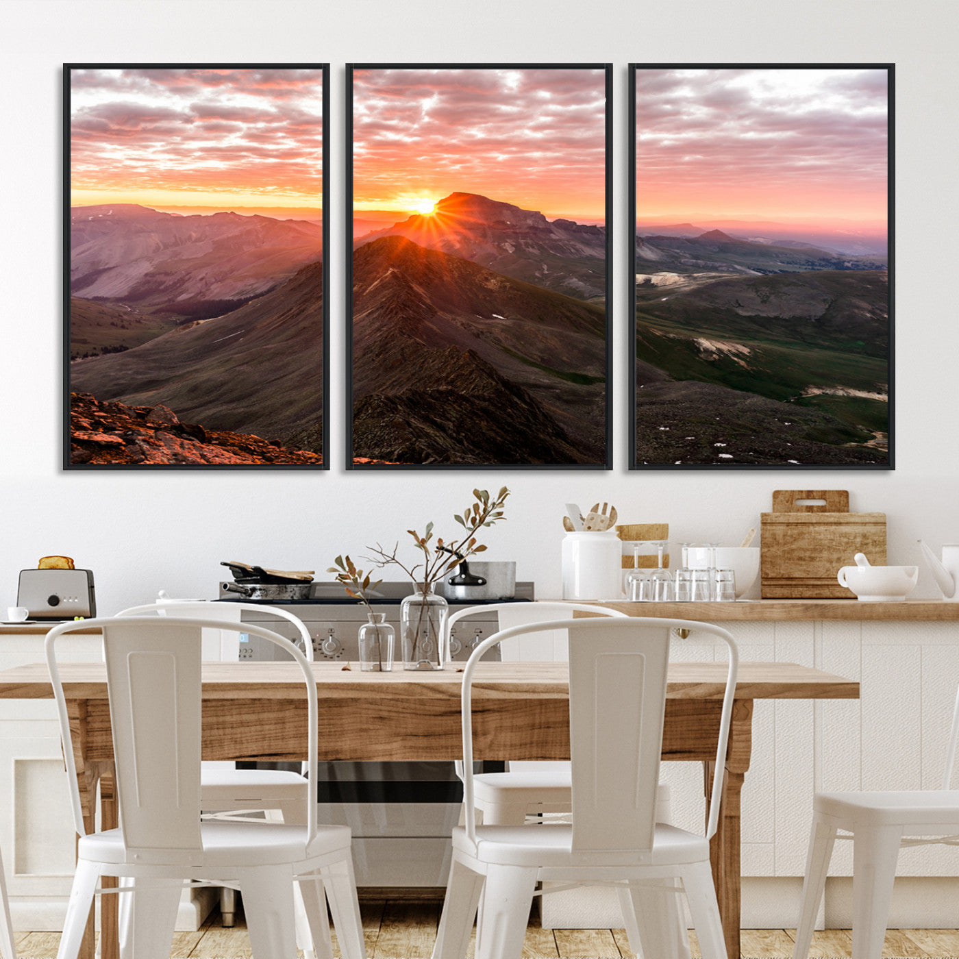 Canvas showing a mountain ridge at sunrise with golden light and dramatic clouds, perfect for nature or rustic-inspired wall decor.