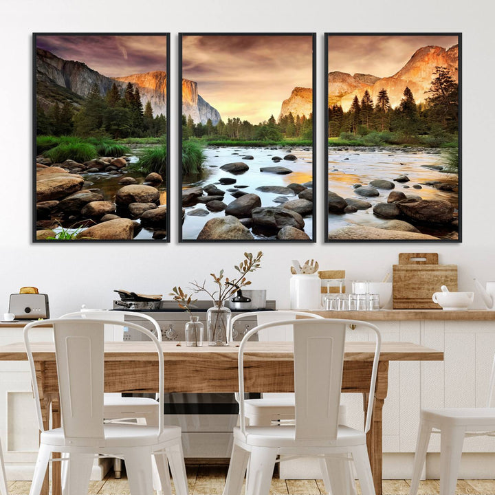 A tranquil riverside sunset mirrors the beauty of a Yosemite wall art masterpiece like the Large El Capitan Print.