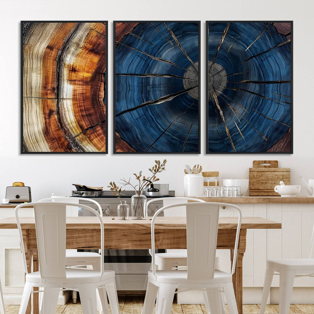 The Abstract Tree Rings Canvas Print features blue, brown, and orange rings that highlight wood grain and natures beauty.