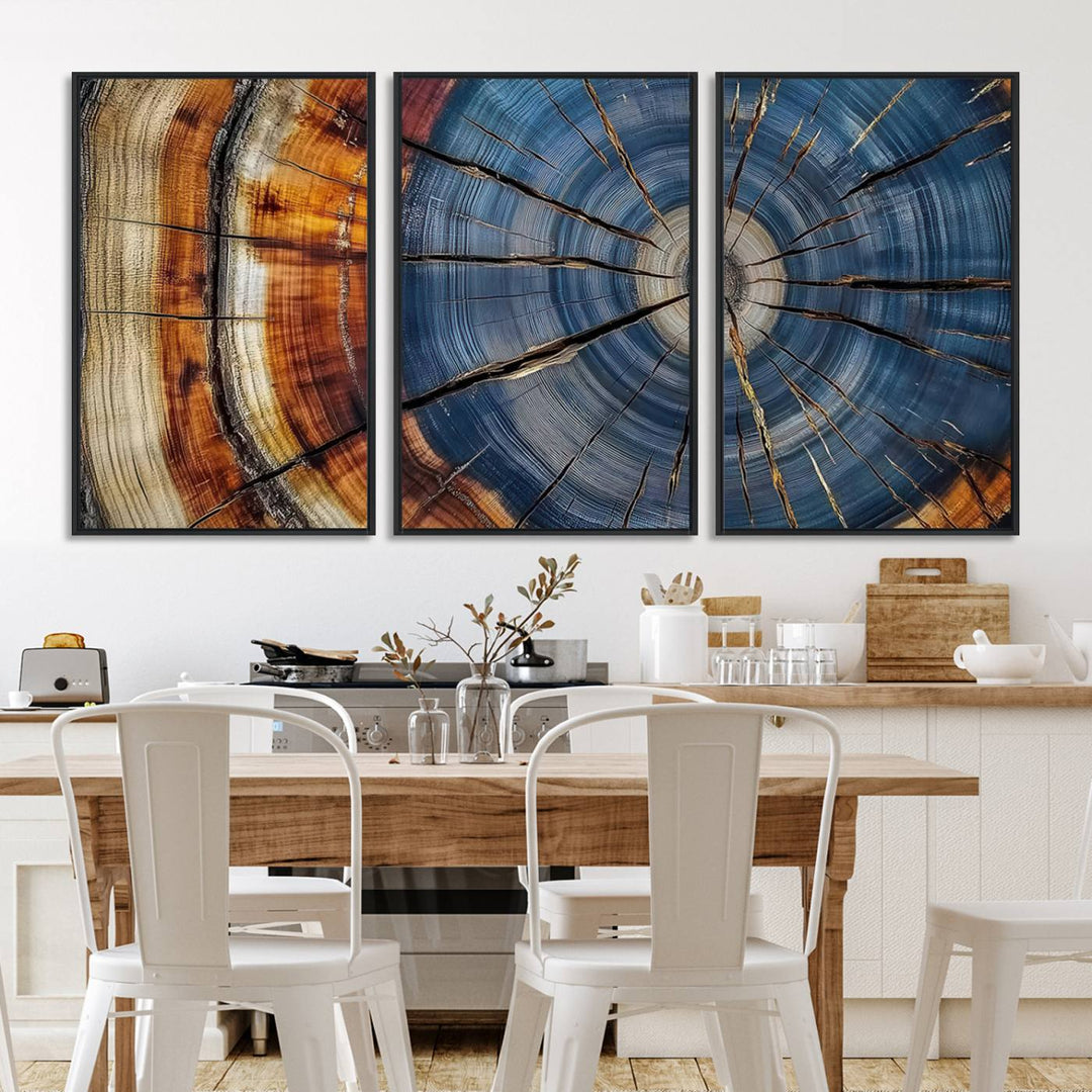 Close-up of blue, brown, and orange wood grain rings on the Abstract Tree Rings Canvas Wall Art Print.