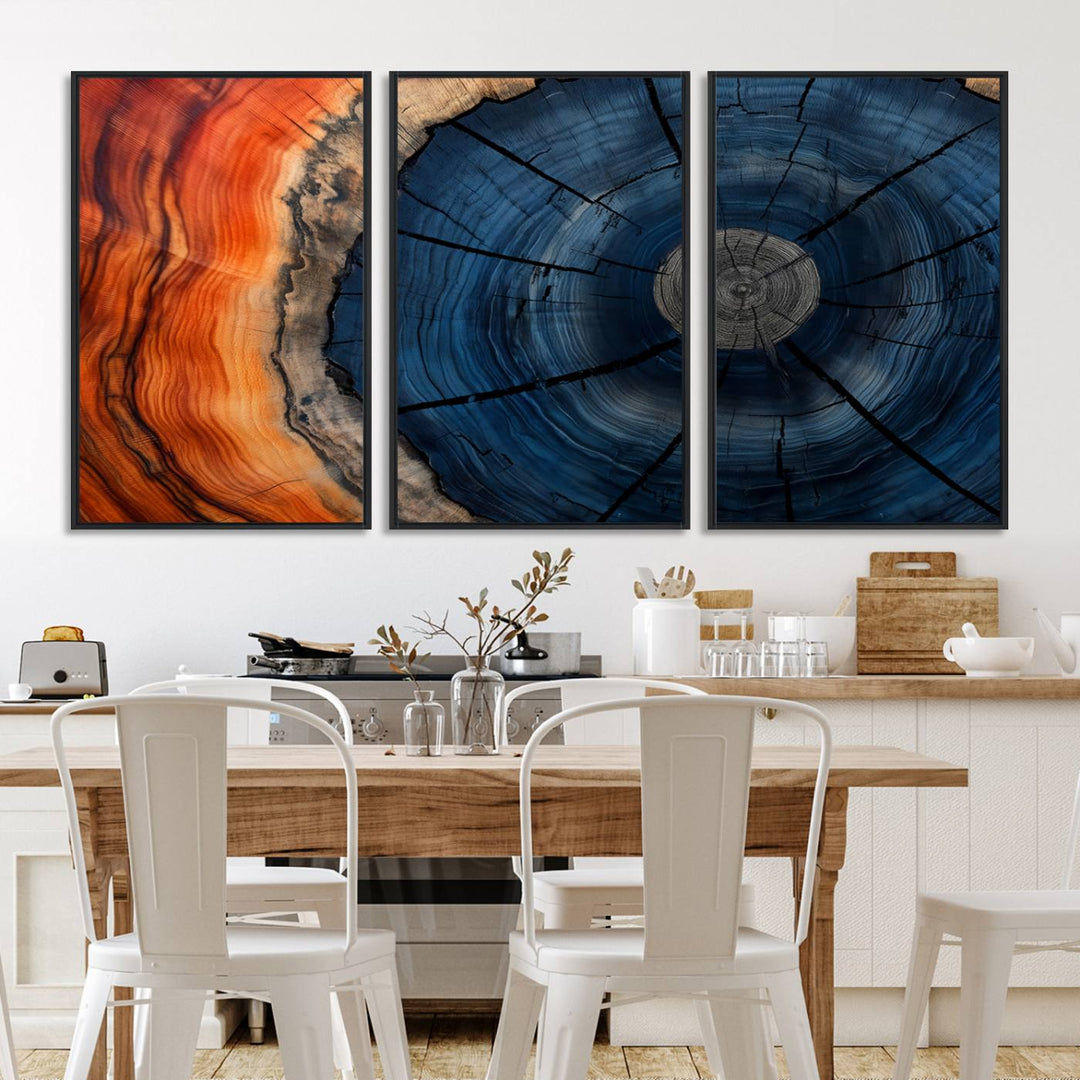 Abstract Tree Rings Canvas Print with vibrant colors—ideal farmhouse wall art for a woodland-themed home.