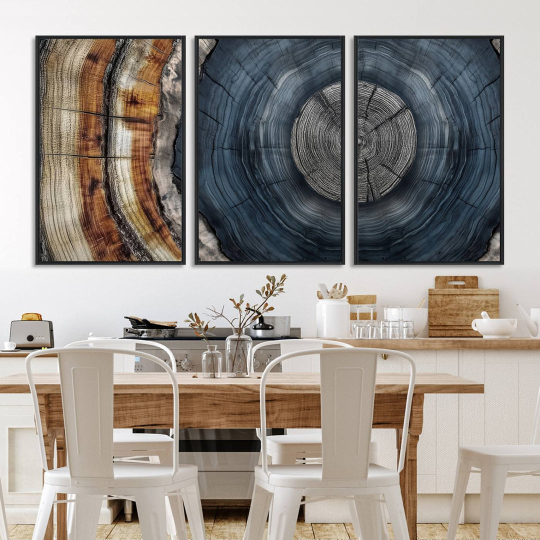 Close-up of the Abstract Tree Rings Wall Art Print featuring shades of blue, brown, and gray.