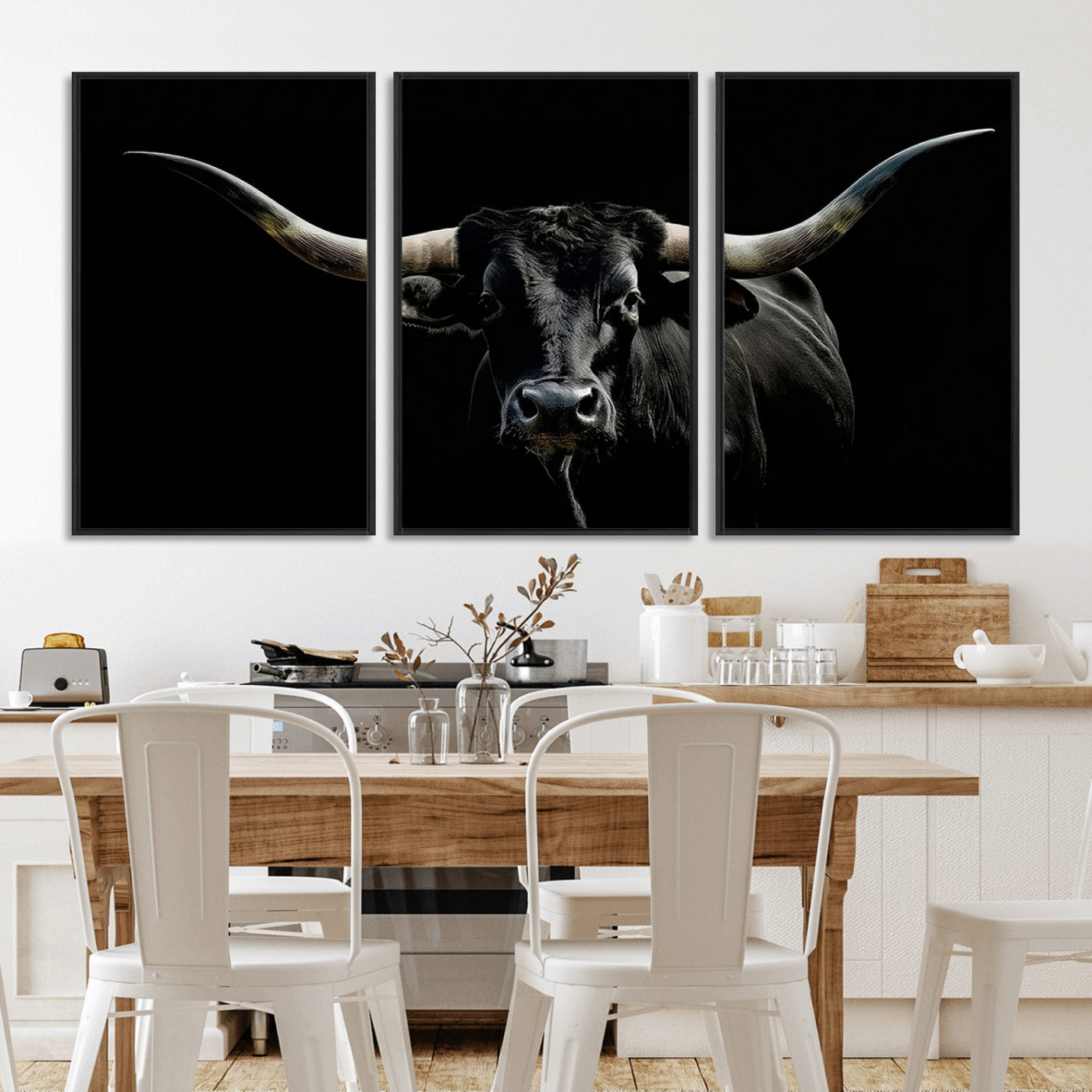 MGV-FC-60X30-3P - Texas Black Bull Wall Art Print, Longhorn Bull Canvas Wall Art