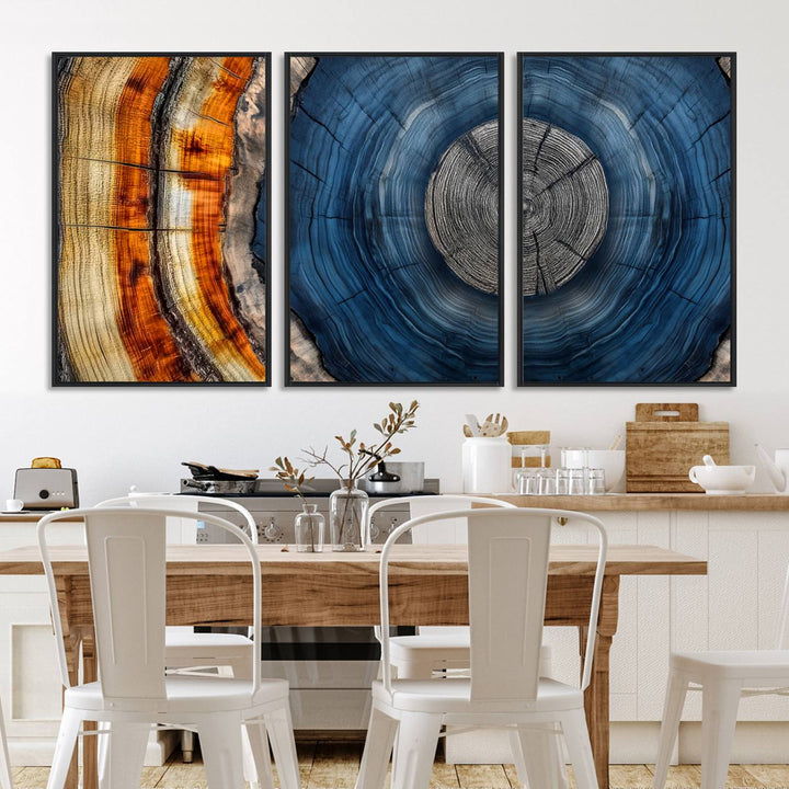 Vibrant Abstract Tree Rings in Orange, Brown, and Blue - Canvas Print for Nature Woodland Wall Decor.