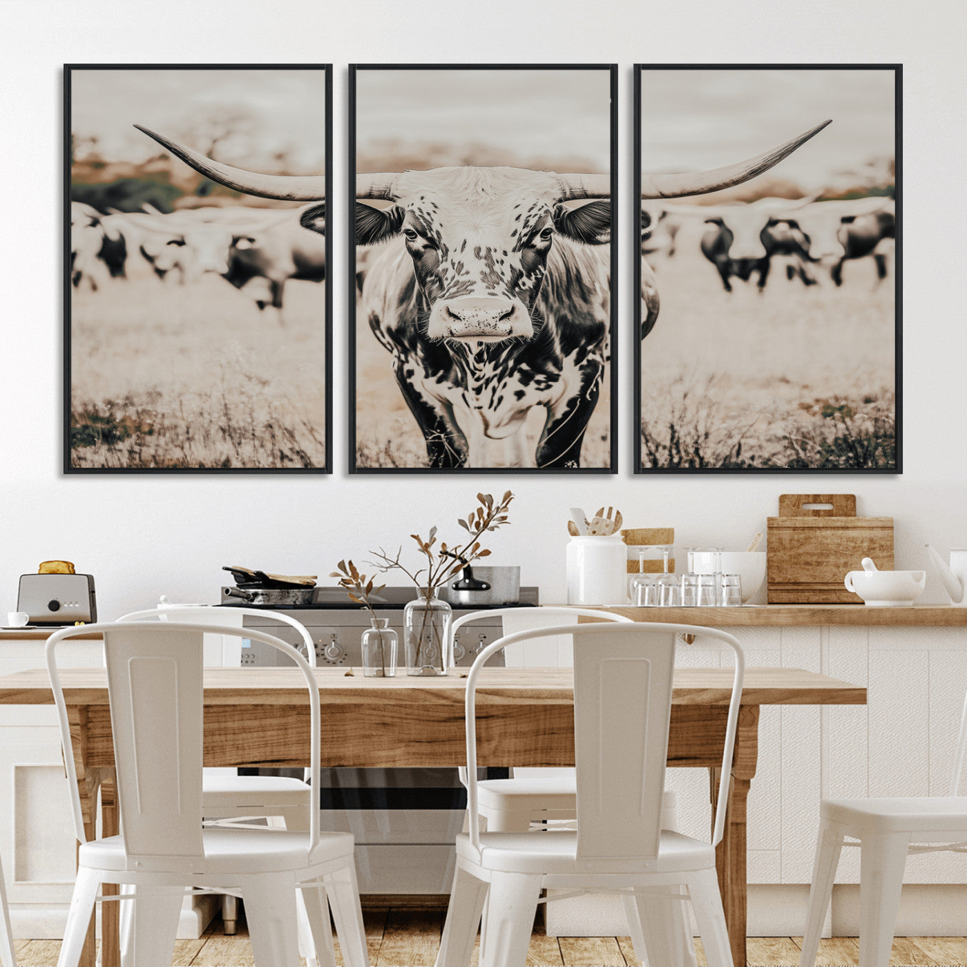 MGV-FC-60X30-3P - Texas Longhorn Wall Art Canvas Print, Framed Speckled Cow Art Picture Print, Horned Cattle Perfect Rustic Western Decor Artwork