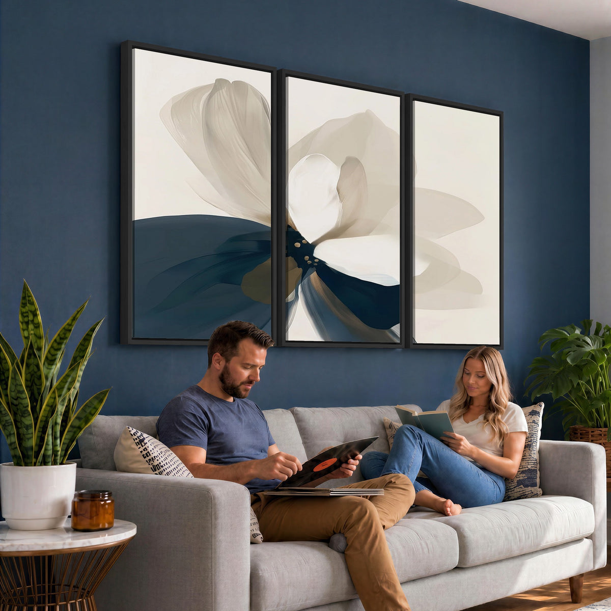 42188901-MGV-CV-24X16 - Minimal Flower Wall Art Canvas Print | Framed Beige and Navy Bloom
