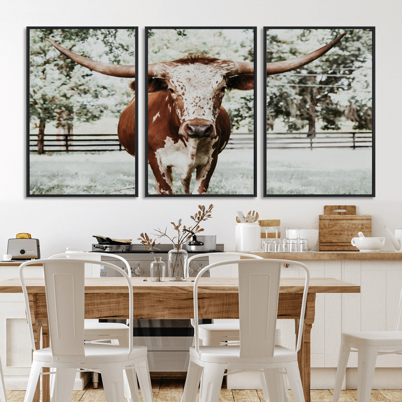 MGV-FC-60X30-3P - Texas Longhorn Wall Art Canvas Print, Framed Spotted Cow Art Picture Print, Horned Cattle Perfect Rustic Western Decor Artwork