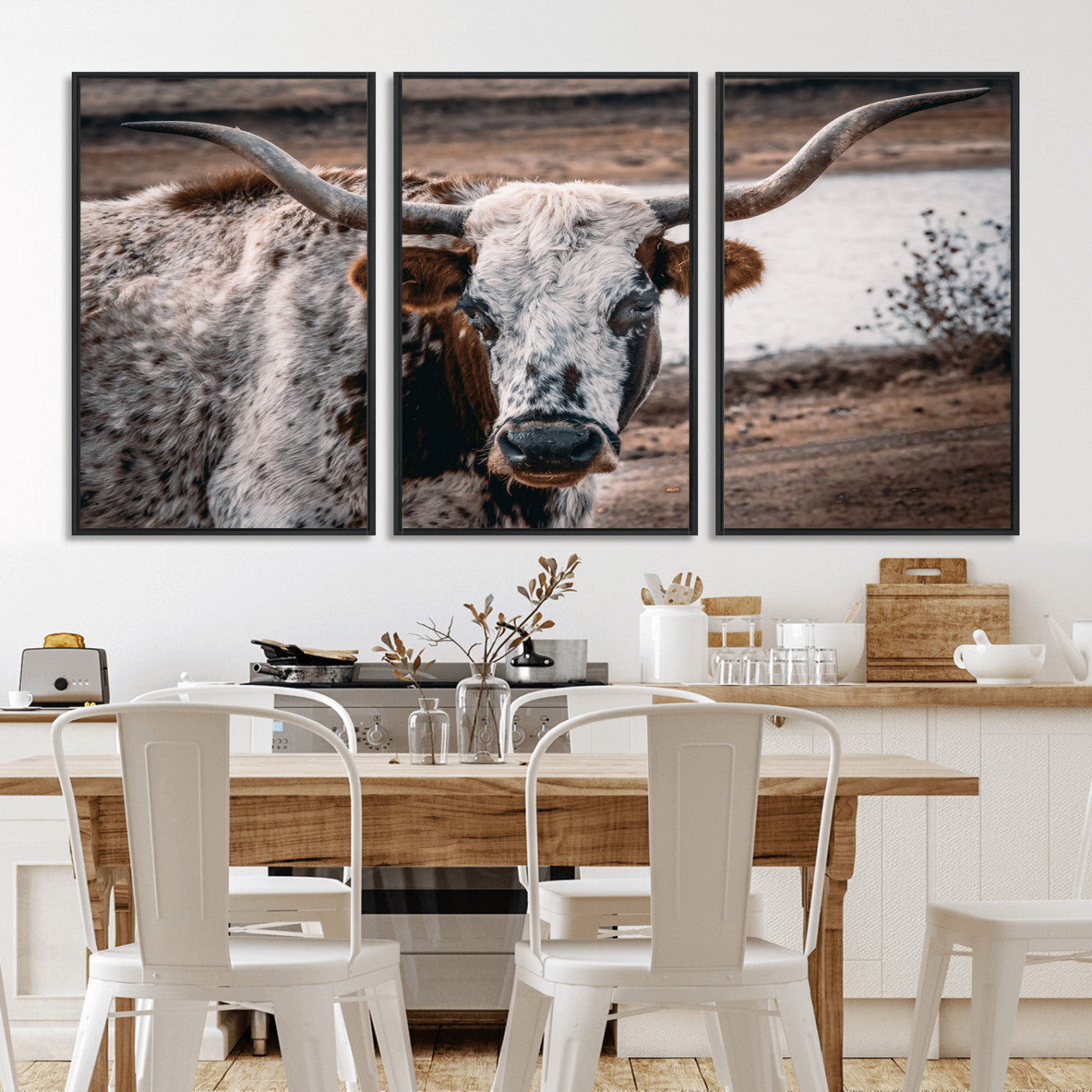 MGV-FC-60X30-3P - Texas Longhorn Wall Art Canvas Print, Framed Spotted Cow Art Picture Print, Horned Cattle Perfect Rustic Western Decor Artwork
