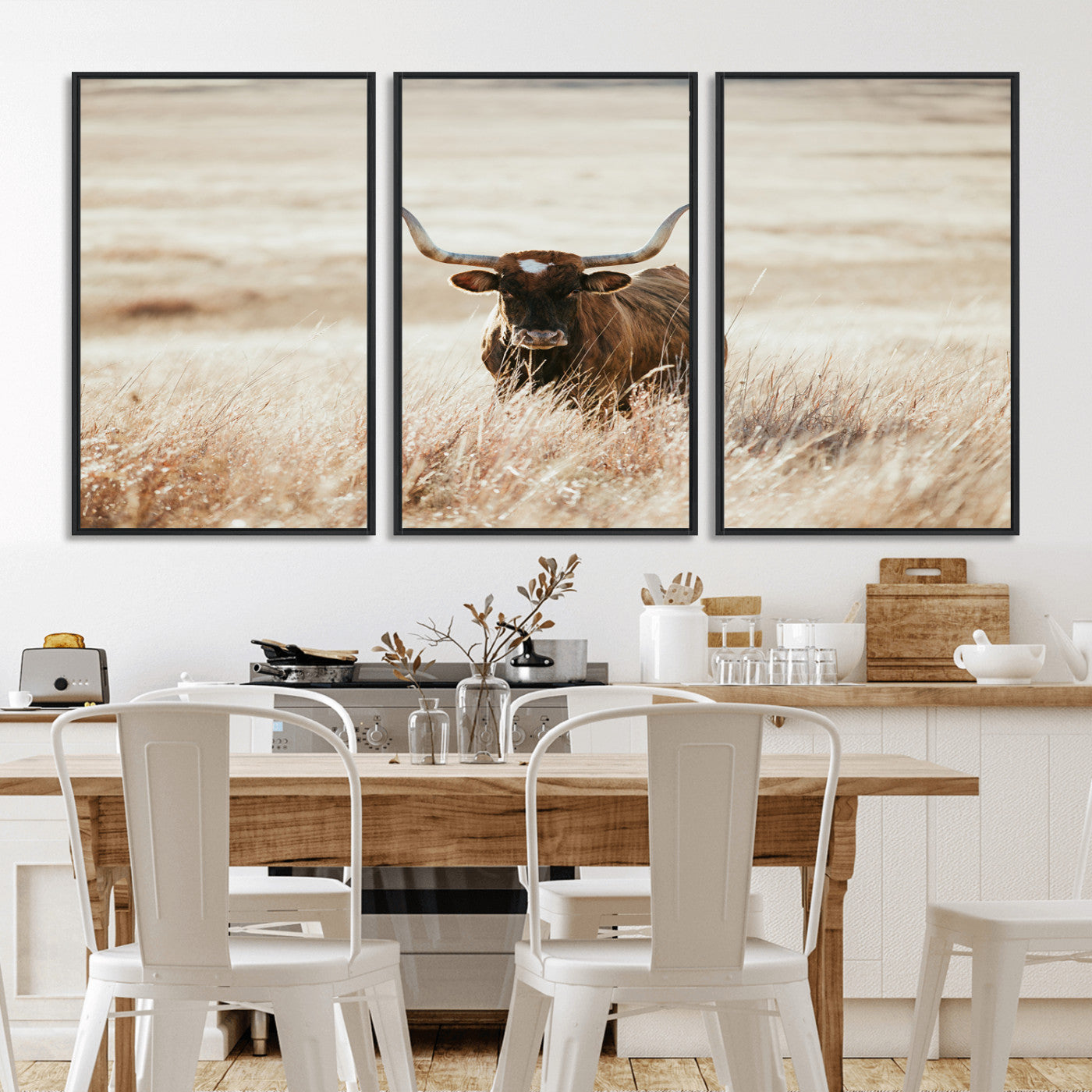 MGV-FC-60X30-3P - Texas Longhorn Wall Art Canvas Print, Framed Brown Cattle Art Picture Print, Horned Bull Perfect Rustic Western Decor Artwork