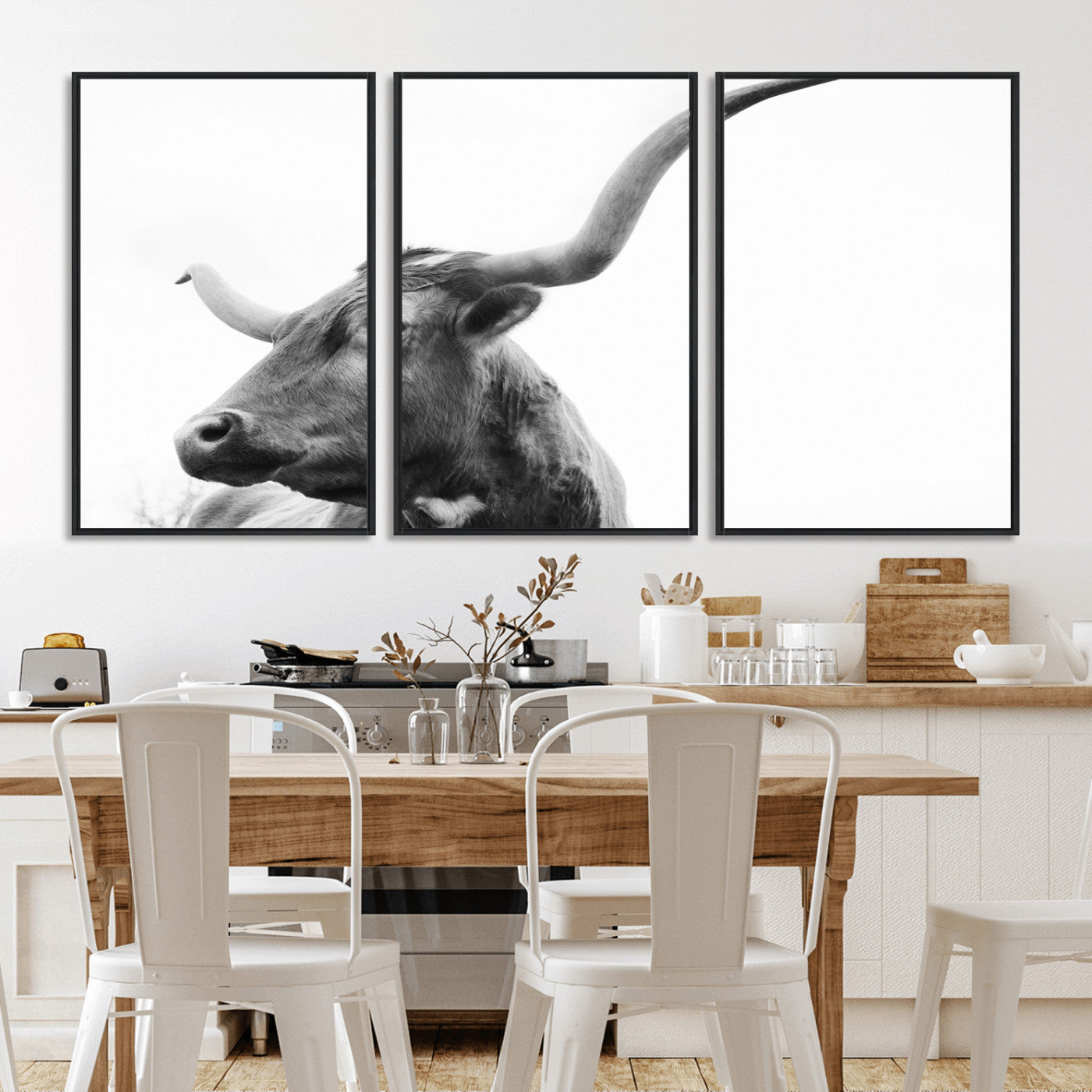 MGV-FC-60X30-3P - Longhorn Wall Art Wall Art Canvas Print, Framed Modern Ranch Style Art Art Picture Print, Monochrome Cow Print Perfect Rustic Western Decor Artwork