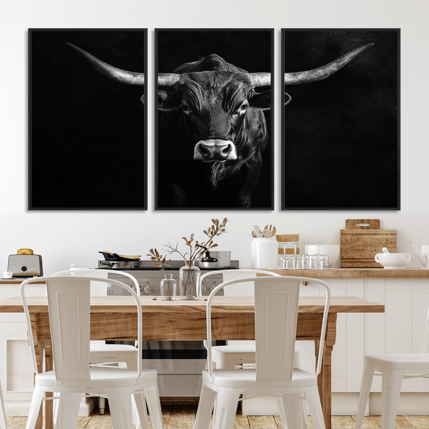 MGV-FC-60X30-3P - Texas Longhorn Wall Art Canvas Print, Framed Monochrome Bull Art Picture Print, Horned Bull Perfect Rustic Western Decor Artwork