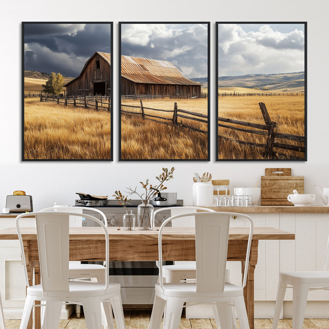 Canvas of a weathered wooden barn in a golden field under a dramatic sky, perfect for rustic or farmhouse-style wall decor.
