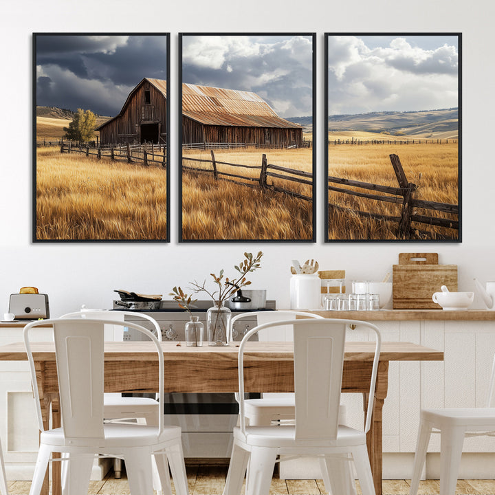 Canvas of a weathered wooden barn in a golden field under a dramatic sky, perfect for rustic or farmhouse-style wall decor.