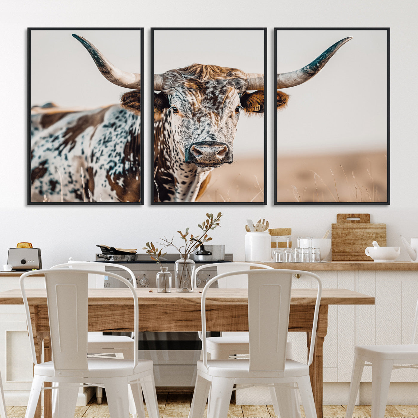 Canvas of a speckled Texas longhorn with wide curved horns and warm tones, perfect for rustic or country-style wall decor.