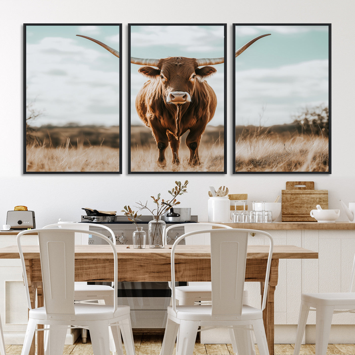 Texas Longhorn standing in a golden prairie under soft skies, ideal for rustic or western-style decor with warm natural tones.