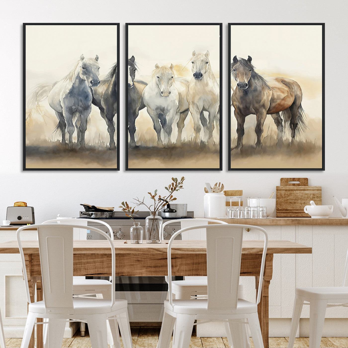 Watercolor illustration of five wild horses in soft neutral tones, perfect for rustic or western-style home decor with a calming natural vibe.