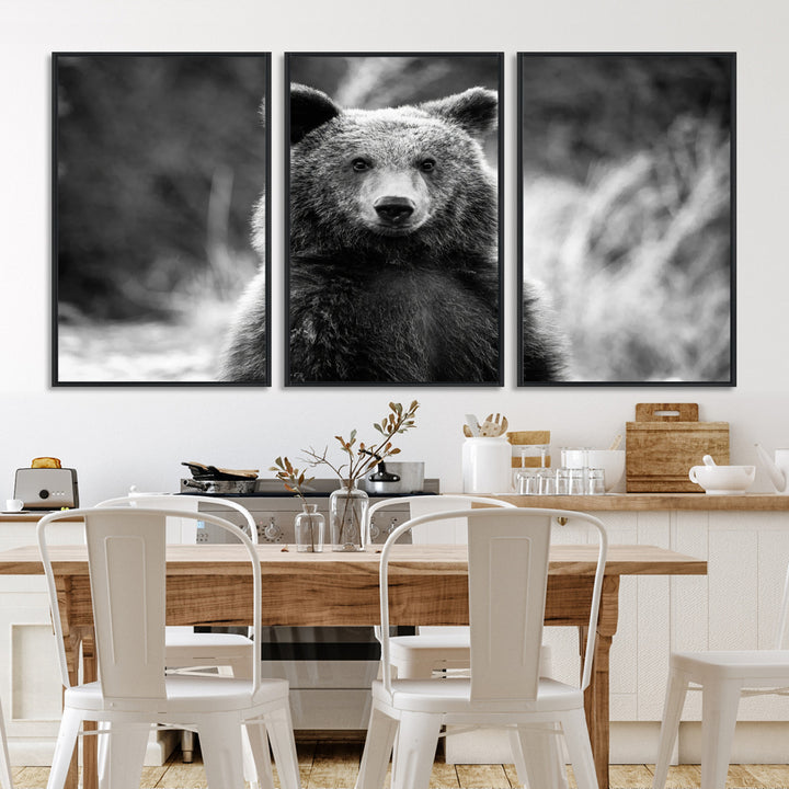 Grizzly Bear Wall Art Canvas Print, Framed Black White Bear Art Picture Print, Wild Bear Perfect Rustic Wildlife Decor