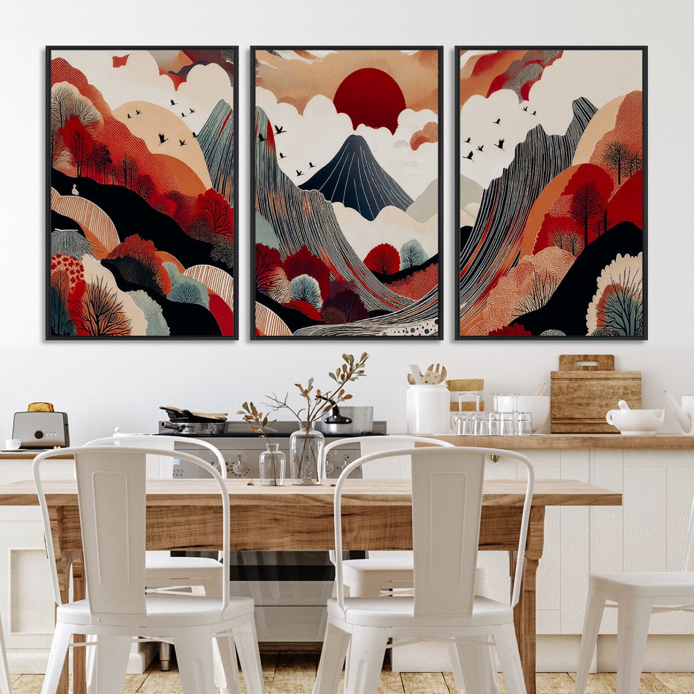 Abstract nature illustration with a red sun, mountains, and vibrant landscapes in graphic style, perfect for contemporary minimalist home decor. Ideal for modern spaces.