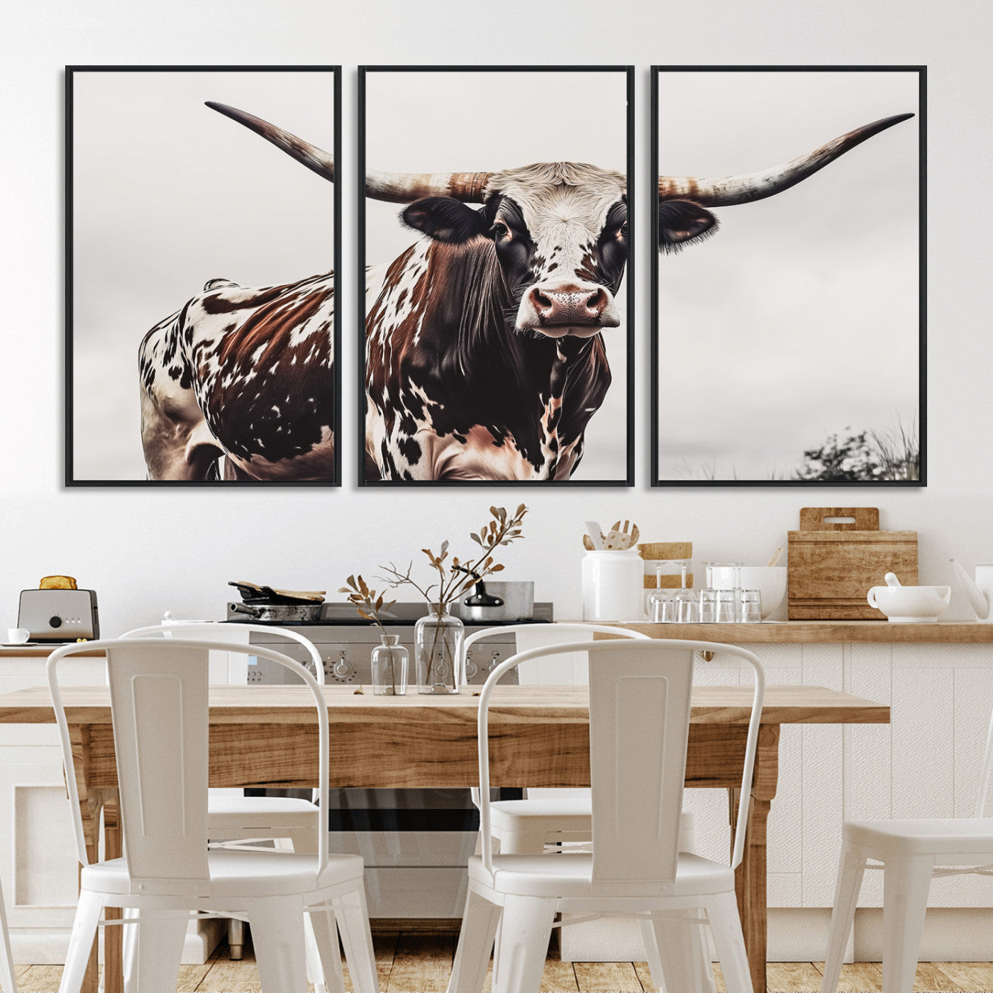 Close-up of a Texas Longhorn bull with powerful horns, perfect for rustic farmhouse or country-themed home decor. Ideal for animal lovers.