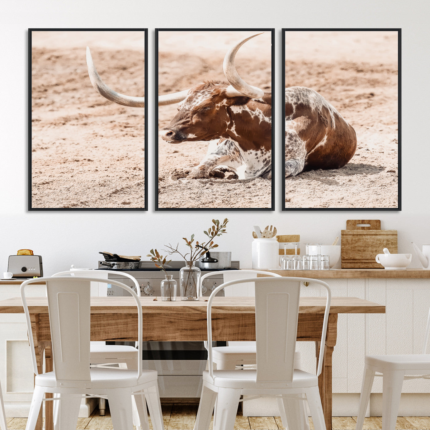 91248682-MGV-FC-60X30-3P-Texas Longhorn Wall Art Canvas Print, Framed Resting Bull Art Picture Print, Spotted Cattle Perfect Rustic Western Decor, Spotted Cattle