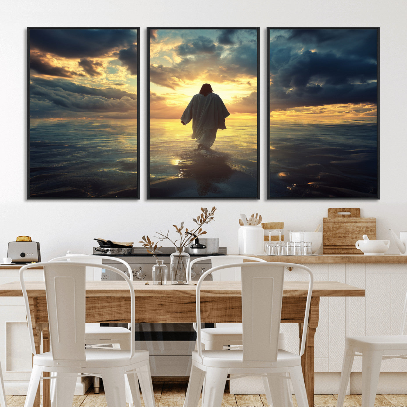 MGV-FC-60X30-3P - Jesus Walks Wall Art Canvas Print, Framed Divine Sunset Art Picture Print, Spiritual Light Perfect Spiritual Tranquil Decor Artwork