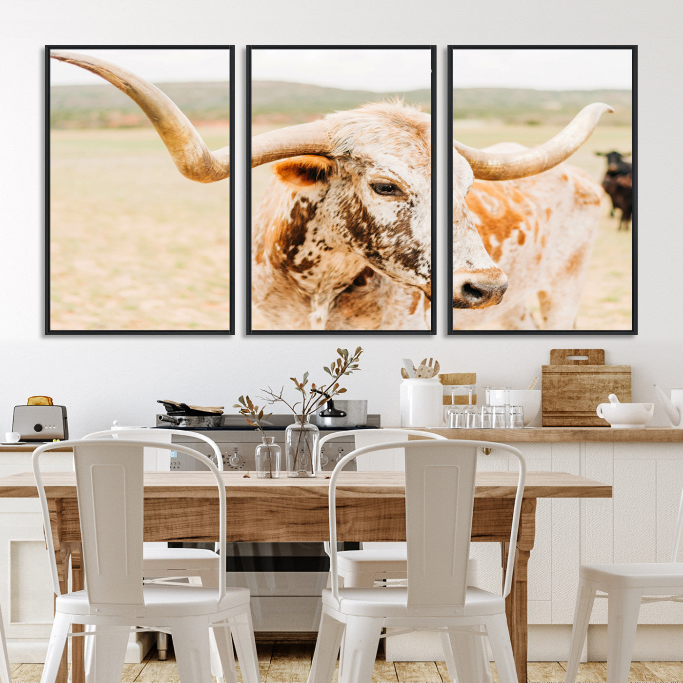 21060648-MGV-FC-60X30-3P-Texas Longhorn Wall Art Canvas Print, Framed Speckled Cow Art Picture Print, Rustic Bull Perfect Rustic Western Decor, Framed Speckled Cow