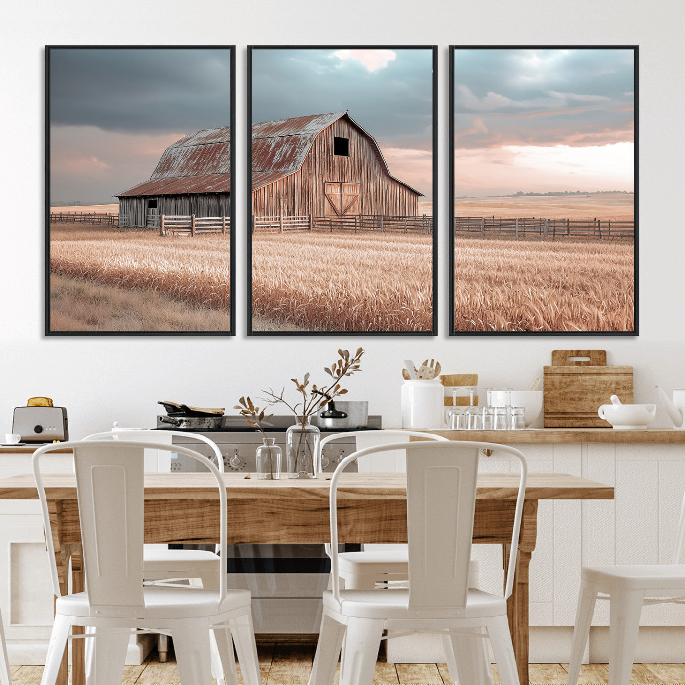 MGV-FC-60X30-3P - Rustic Barn Wall Art Canvas Print, Framed Wheat Field Art Picture Print, Sunset Barn Perfect Vintage Farmhouse Decor Artwork