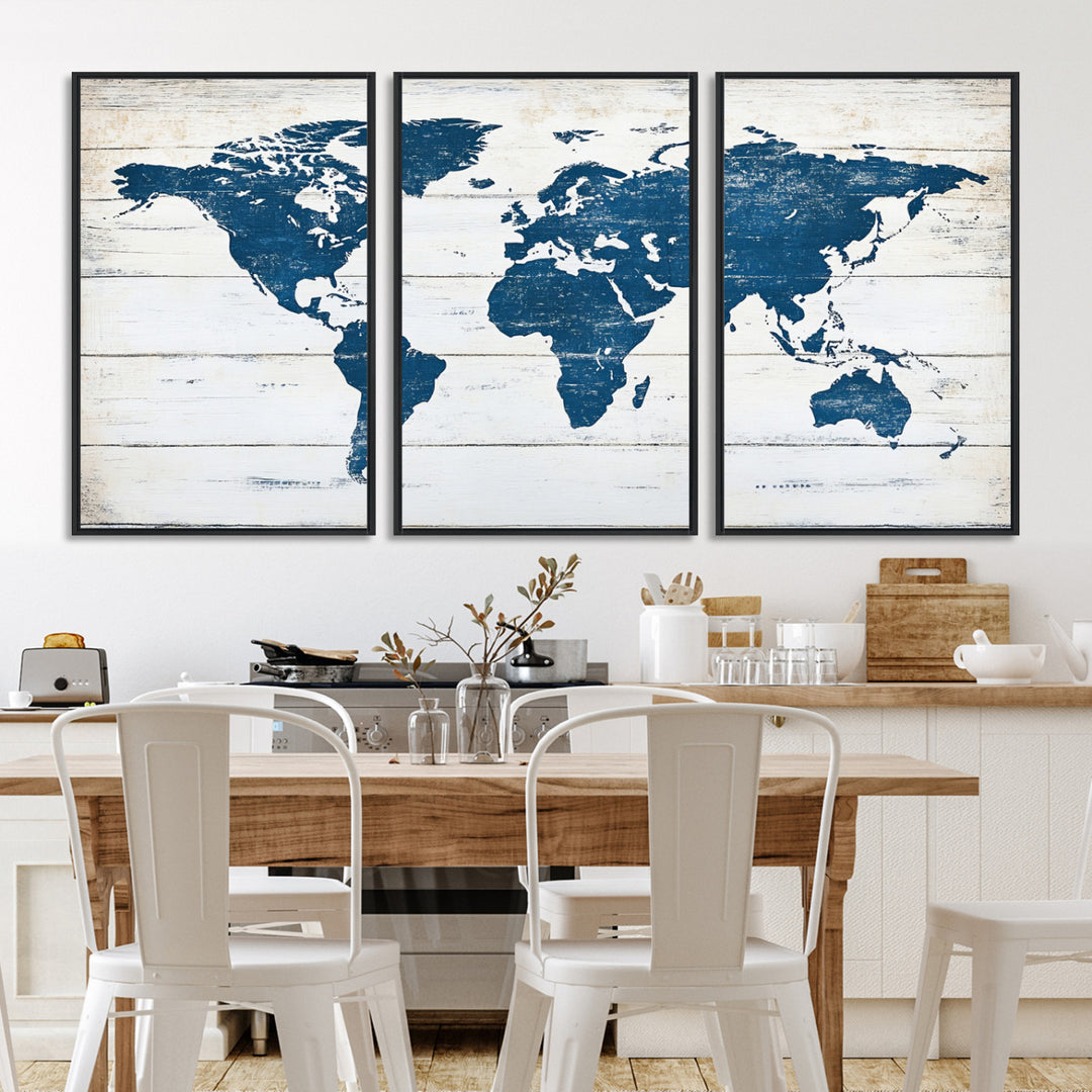 Rustic world map with blue continents on distressed wooden planks, perfect for coastal, explorer, or vintage-style wall decor.
