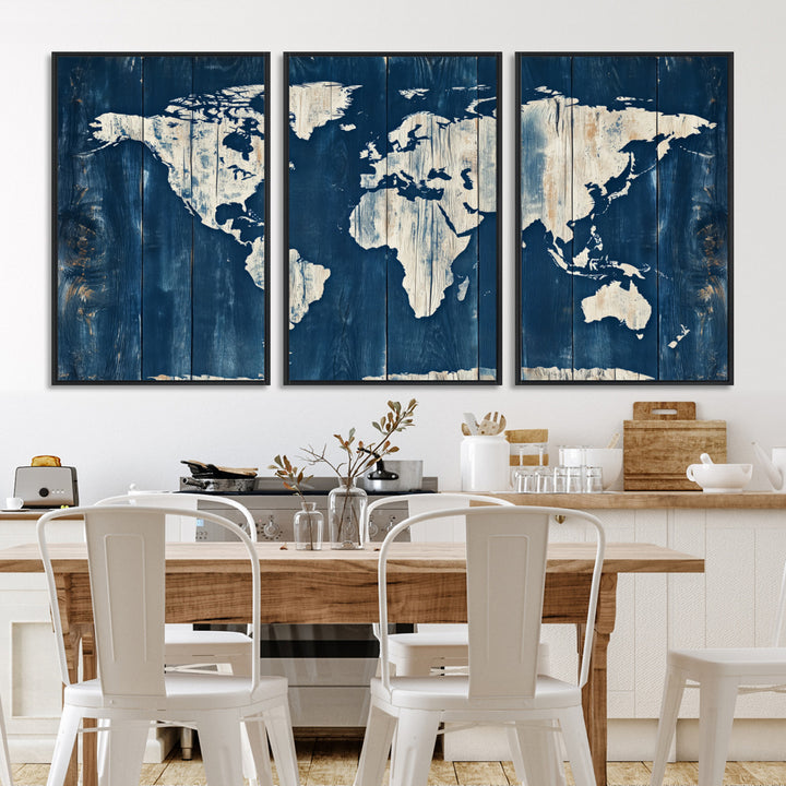 World Map Wall Art Canvas Print, Rustic Map Print, Framed Wooden World Map Art Print, Large Antique Map Decor Printing Perfect for Vintage Decor