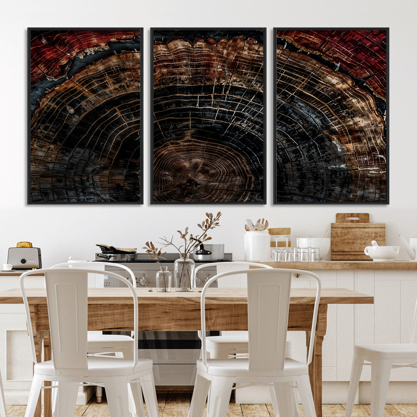 MGV-FC-60X30-3P - Dark Wood Ring Wall Art Canvas Print, Framed Abstract Wood Tree Art Picture Print, Rustic Tree Slice Perfect Rustic Decor Artwork
